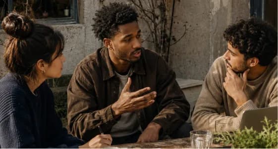 Four people in conversation around a table.