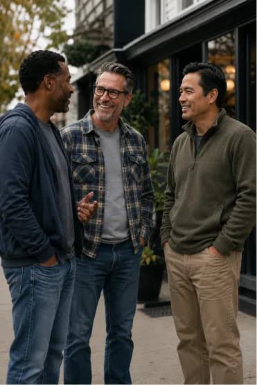 Three men outdoors looking at a phone together.