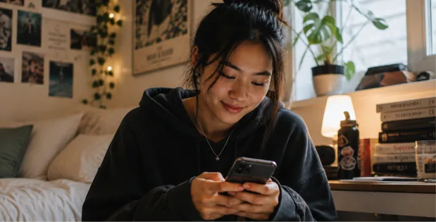 A woman looking at her phone in a bedroom.