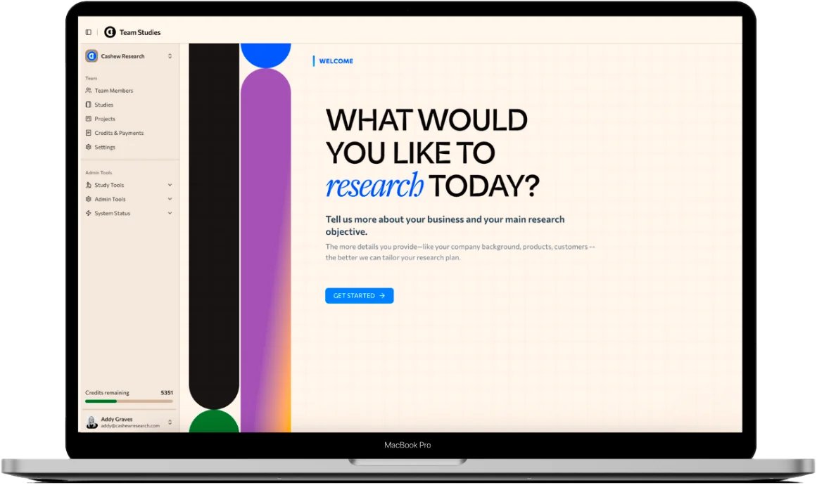 The Cashew study builder asking what you would like to research today, with a guided brief to fill in.
