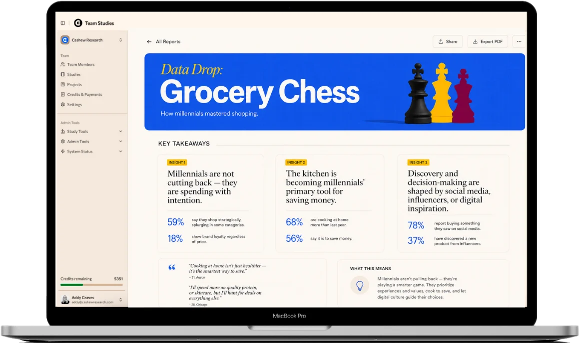 The Grocery Chess Data Drop report in Cashew, showing three key takeaways with supporting statistics.